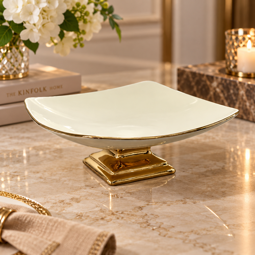 Modern Cream & Gold Square Pedestal Bowl