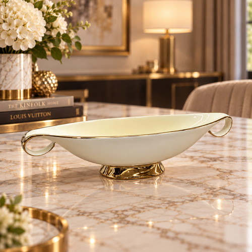 Modern Cream & Gold Scroll-Handle Pedestal Bowl