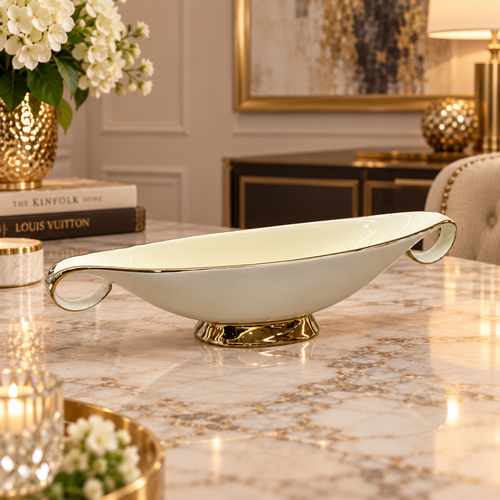 Modern Cream & Gold Scroll-Handle Pedestal Bowl