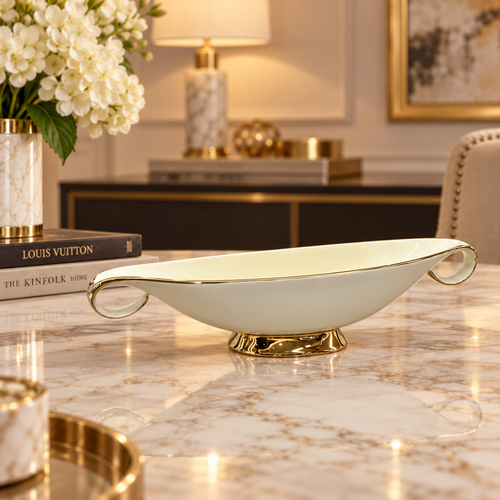Modern Cream & Gold Scroll-Handle Pedestal Bowl