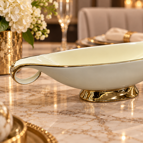 Modern Cream & Gold Scroll-Handle Pedestal Bowl