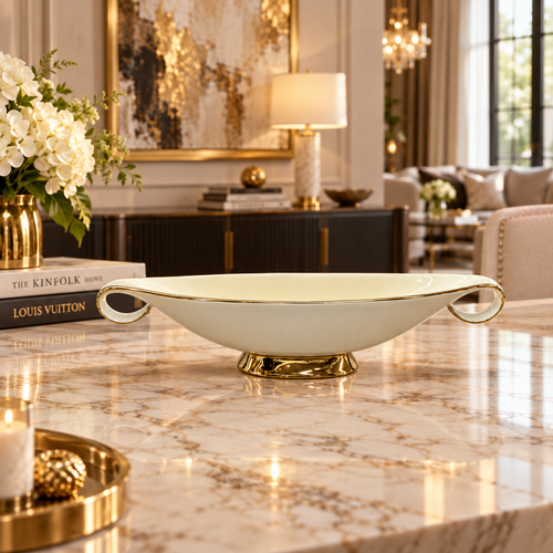 Modern Cream & Gold Scroll-Handle Pedestal Bowl