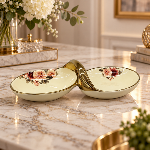 Modern Cream & Gold Double Bowl Serving Dish