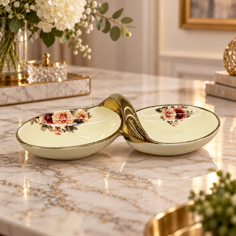 Modern Cream & Gold Double Bowl Serving Dish