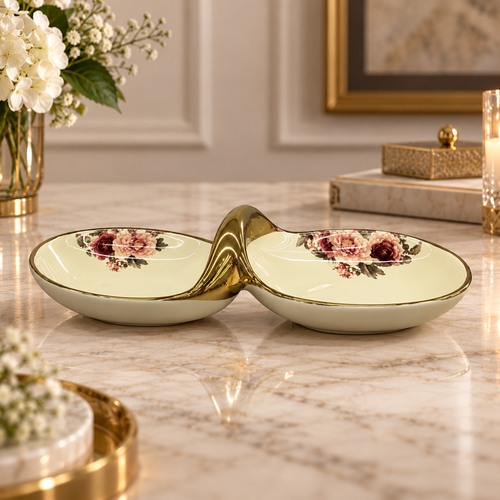 Modern Cream & Gold Double Bowl Serving Dish