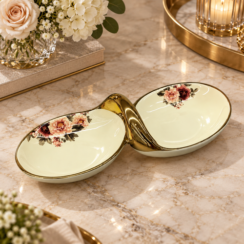 Modern Cream & Gold Double Bowl Serving Dish