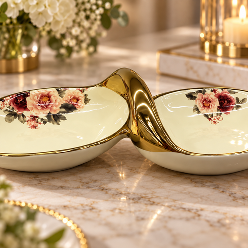 Modern Cream & Gold Double Bowl Serving Dish