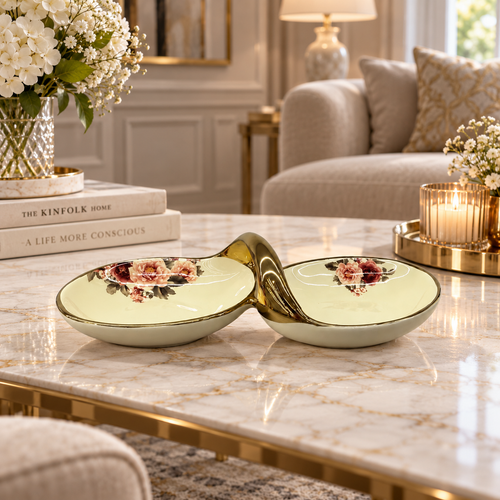 Modern Cream & Gold Double Bowl Serving Dish