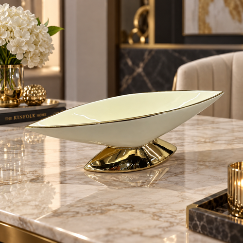 Modern Cream & Gold Boat Shaped Pedestal Bowl