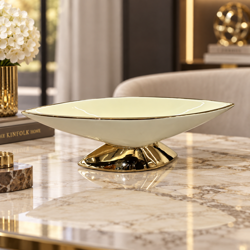 Modern Cream & Gold Boat Shaped Pedestal Bowl