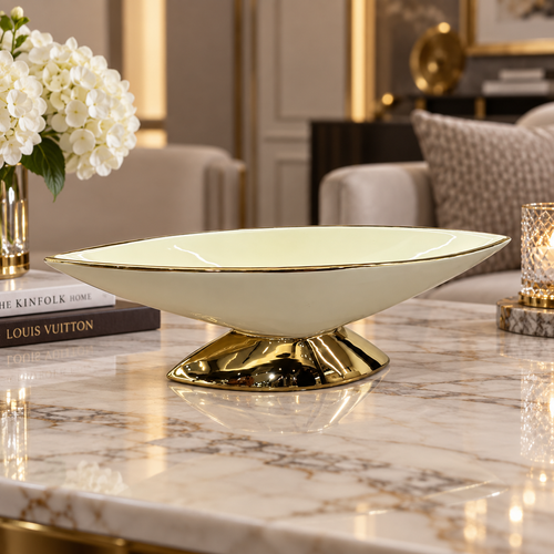 Modern Cream & Gold Boat Shaped Pedestal Bowl