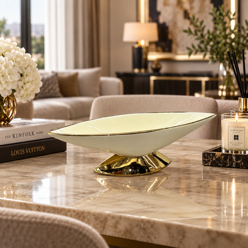 Modern Cream & Gold Boat Shaped Pedestal Bowl