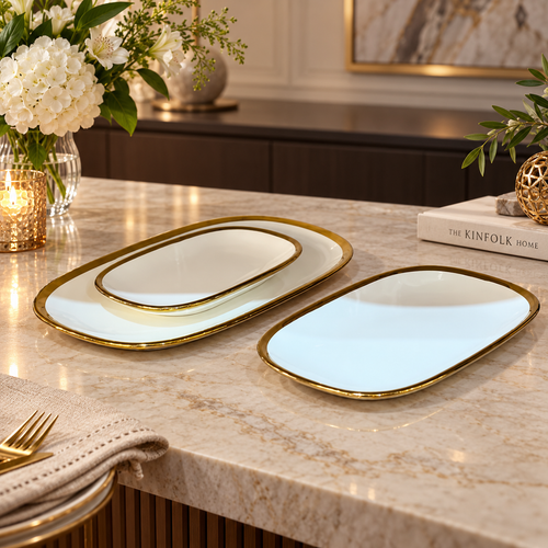 Modern Ceramic Serving Trays Cream & Gold 3 Piece Set