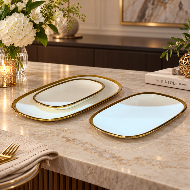 Modern Ceramic Serving Trays Cream & Gold 3 Piece Set