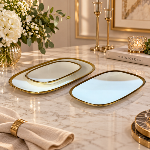 Modern Ceramic Serving Trays Cream & Gold 3 Piece Set