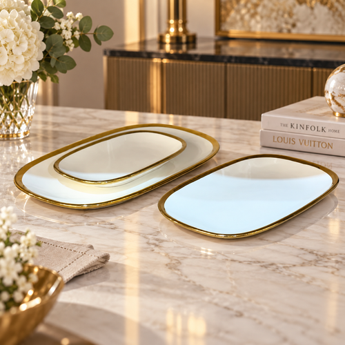Modern Ceramic Serving Trays Cream & Gold 3 Piece Set