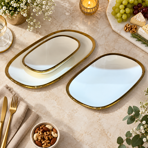 Modern Ceramic Serving Trays Cream & Gold 3 Piece Set