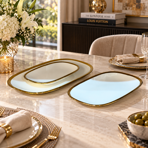Modern Ceramic Serving Trays Cream & Gold 3 Piece Set