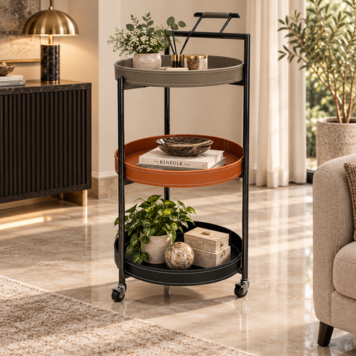 Modern 3 Layer Rolling Bar Trolley with Leatherette