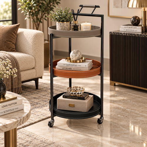 Modern 3 Layer Rolling Bar Trolley with Leatherette