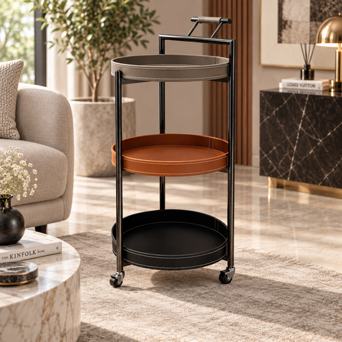 Modern 3 Layer Rolling Bar Trolley with Leatherette