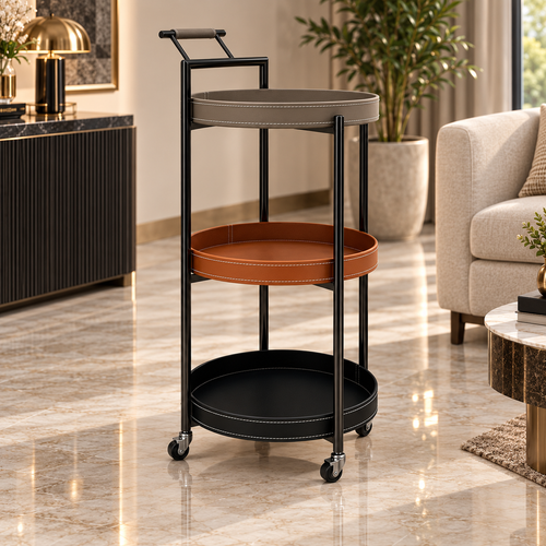 Modern 3 Layer Rolling Bar Trolley with Leatherette