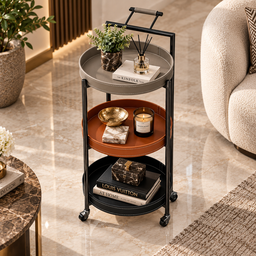 Modern 3 Layer Rolling Bar Trolley with Leatherette
