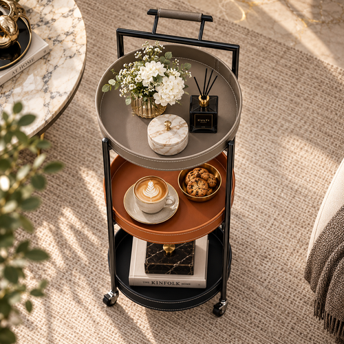 Modern 3 Layer Rolling Bar Trolley with Leatherette