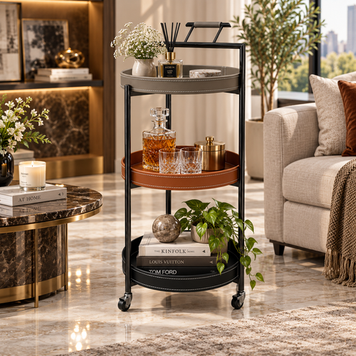 Modern 3 Layer Rolling Bar Trolley with Leatherette