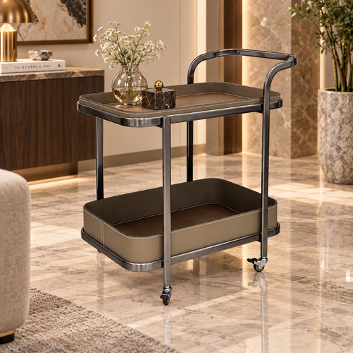 Modern 2 Layer Rolling Bar Trolley with Leatherette