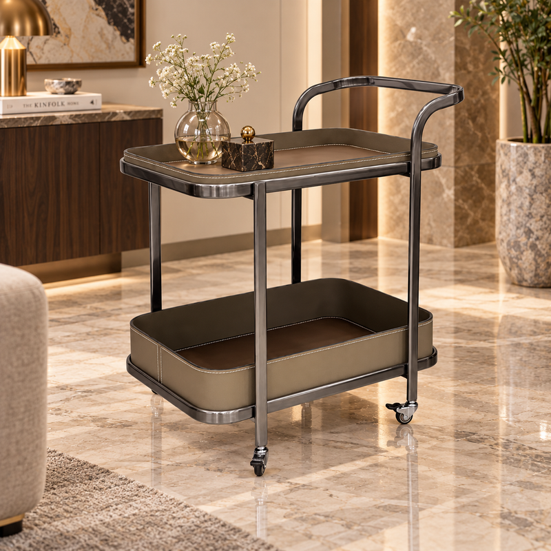 Modern 2 Layer Rolling Bar Trolley with Leatherette
