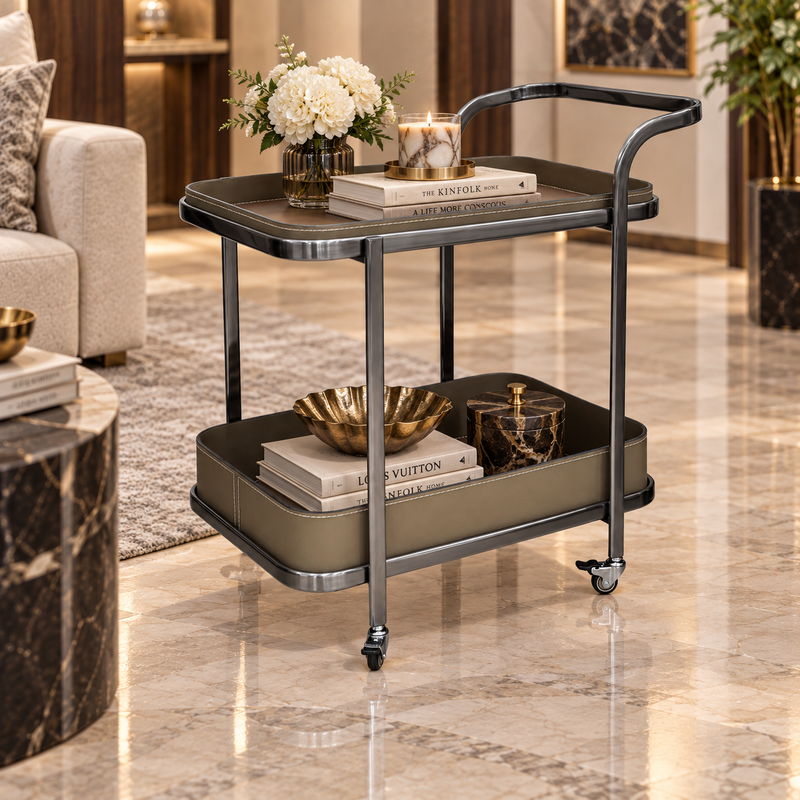 Modern 2 Layer Rolling Bar Trolley with Leatherette