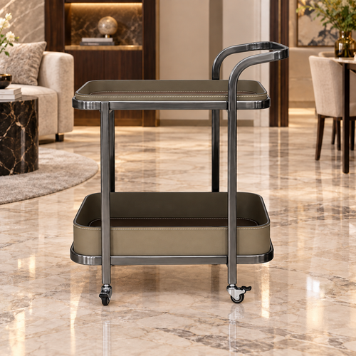 Modern 2 Layer Rolling Bar Trolley with Leatherette