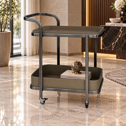 Modern 2 Layer Rolling Bar Trolley with Leatherette