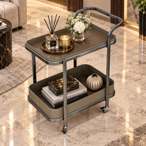 Modern 2 Layer Rolling Bar Trolley with Leatherette
