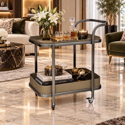 Modern 2 Layer Rolling Bar Trolley with Leatherette