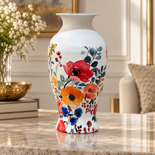 Modern Floral Print Metal Vase