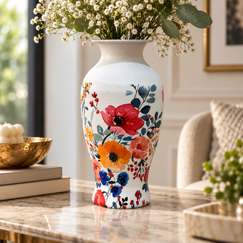 Modern Floral Print Metal Vase