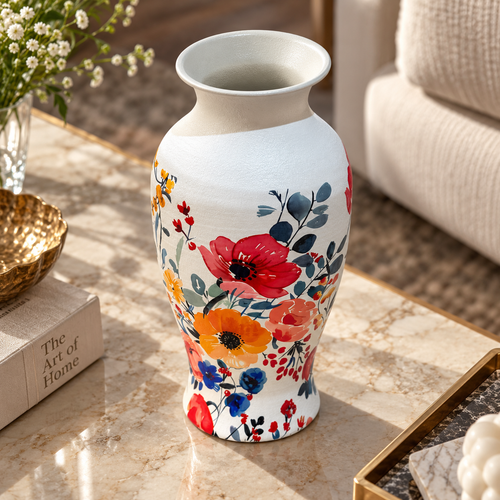 Modern Floral Print Metal Vase