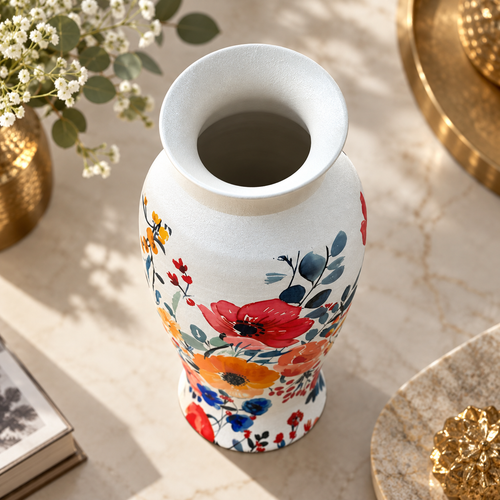Modern Floral Print Metal Vase