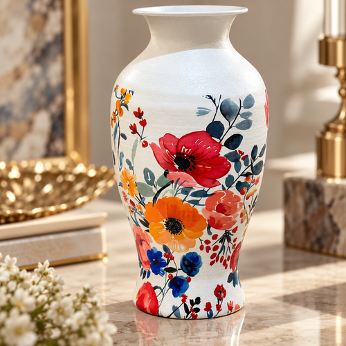 Modern Floral Print Metal Vase