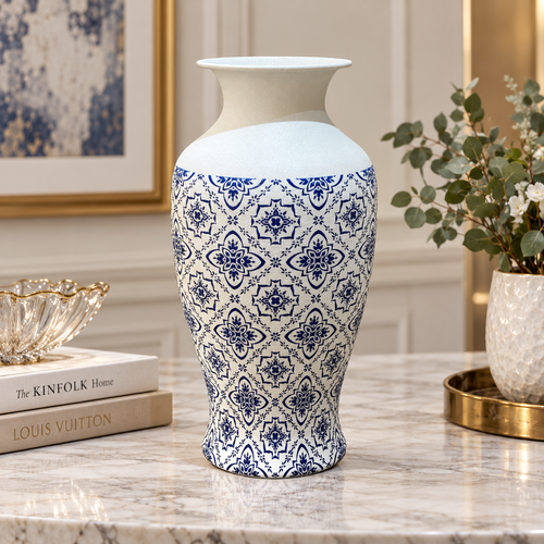 Modern Blue & White Patterned Metal Vase