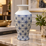 Modern Blue & White Patterned Metal Vase