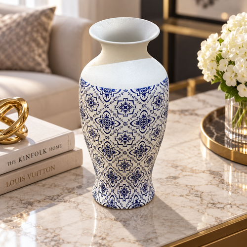 Modern Blue & White Patterned Metal Vase