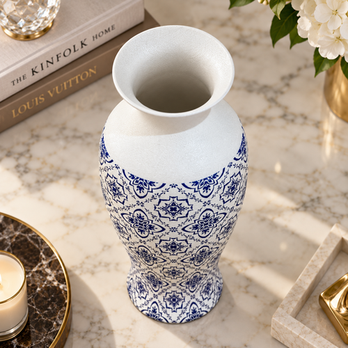 Modern Blue & White Patterned Metal Vase