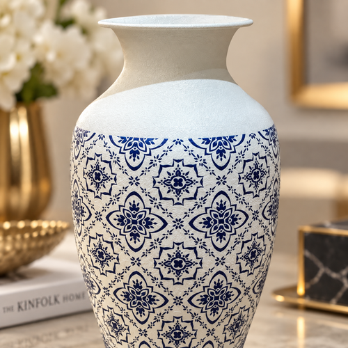 Modern Blue & White Patterned Metal Vase