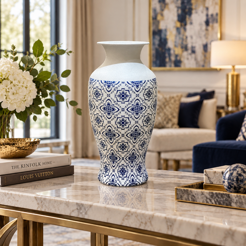 Modern Blue & White Patterned Metal Vase