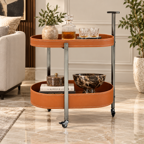 Modern 2 Layer Leatherette Oval Rolling Bar Trolley