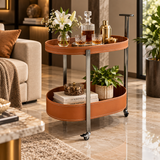Modern 2 Layer Leatherette Oval Rolling Bar Trolley
