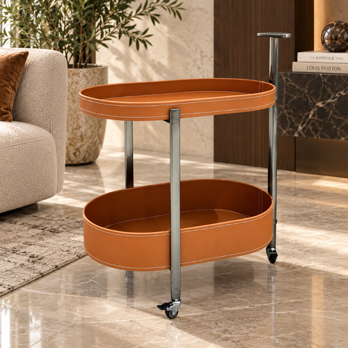 Modern 2 Layer Leatherette Oval Rolling Bar Trolley